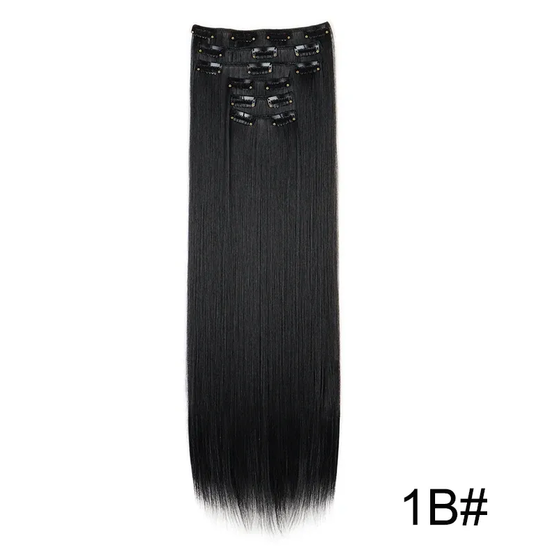 Extensions capillaires synthétiques 24 pouces, 16 clips, cheveux longs et lisses, blond et noir, résistantes à la chaleur, usage quotidien 26