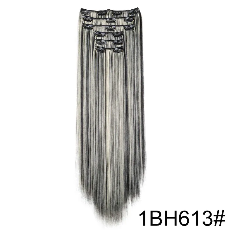 Extensions capillaires synthétiques 24 pouces, 16 clips, cheveux longs et lisses, blond et noir, résistantes à la chaleur, usage quotidien 24