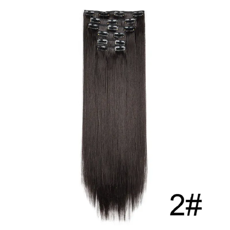 Extensions capillaires synthétiques 24 pouces, 16 clips, cheveux longs et lisses, blond et noir, résistantes à la chaleur, usage quotidien 25