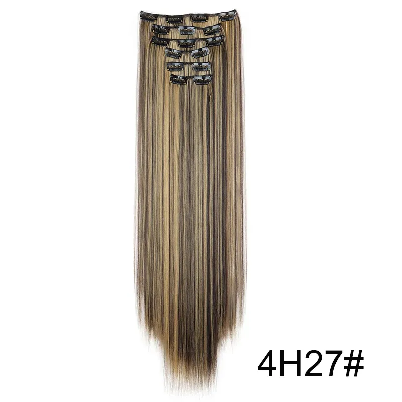 Extensions capillaires synthétiques 24 pouces, 16 clips, cheveux longs et lisses, blond et noir, résistantes à la chaleur, usage quotidien 21