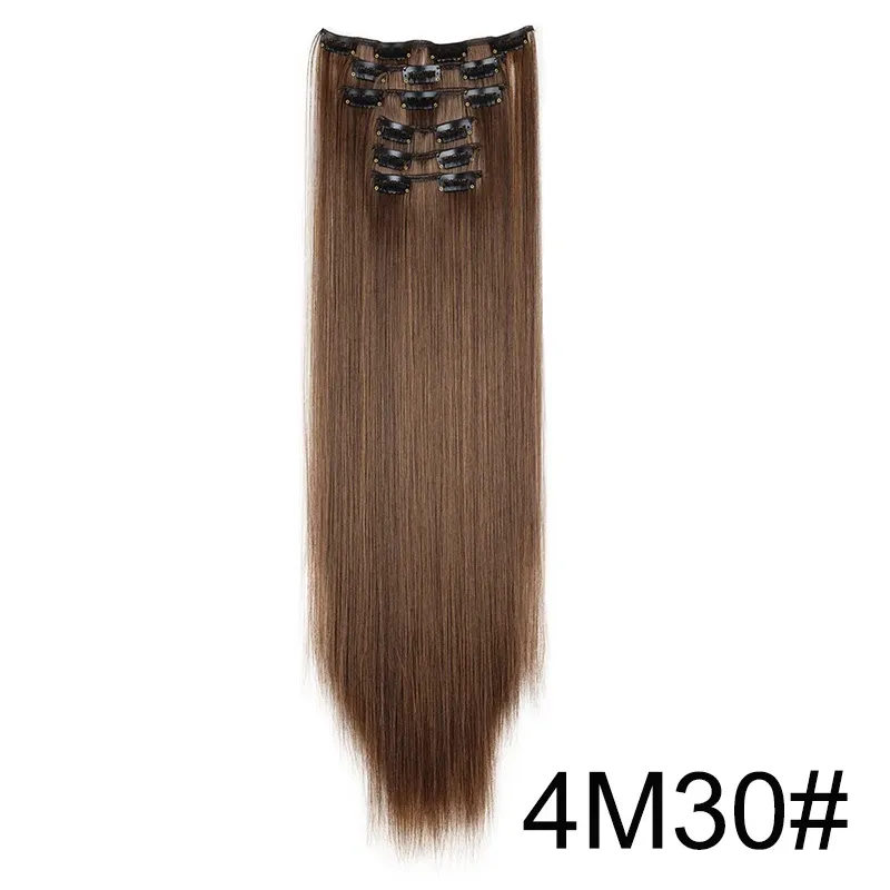 Extensions capillaires synthétiques 24 pouces, 16 clips, cheveux longs et lisses, blond et noir, résistantes à la chaleur, usage quotidien 18