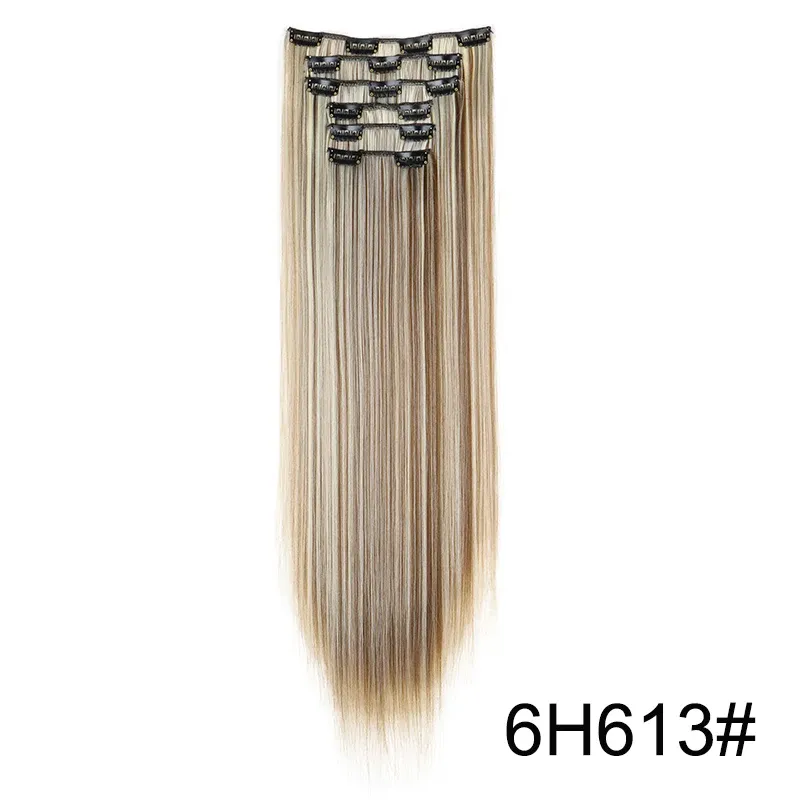 Extensions capillaires synthétiques 24 pouces, 16 clips, cheveux longs et lisses, blond et noir, résistantes à la chaleur, usage quotidien 16