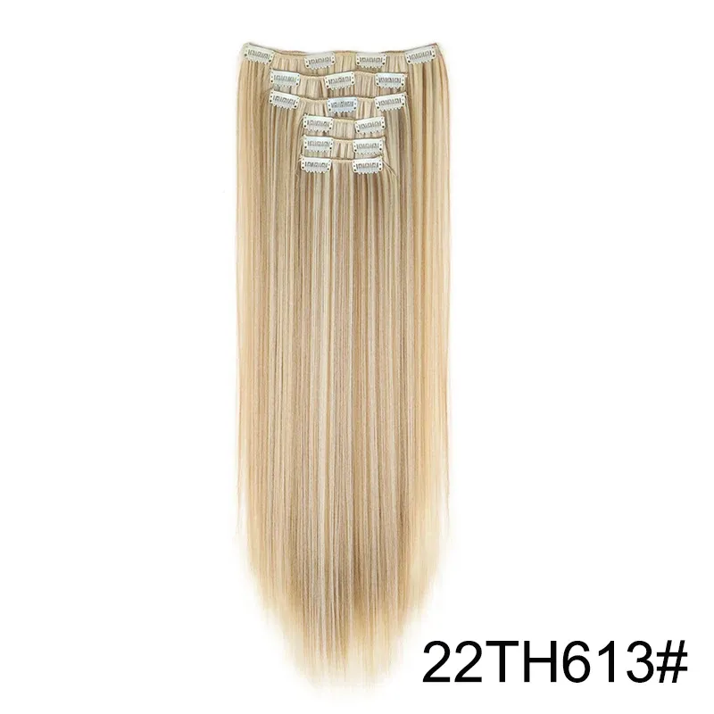 Extensions capillaires synthétiques 24 pouces, 16 clips, cheveux longs et lisses, blond et noir, résistantes à la chaleur, usage quotidien 14