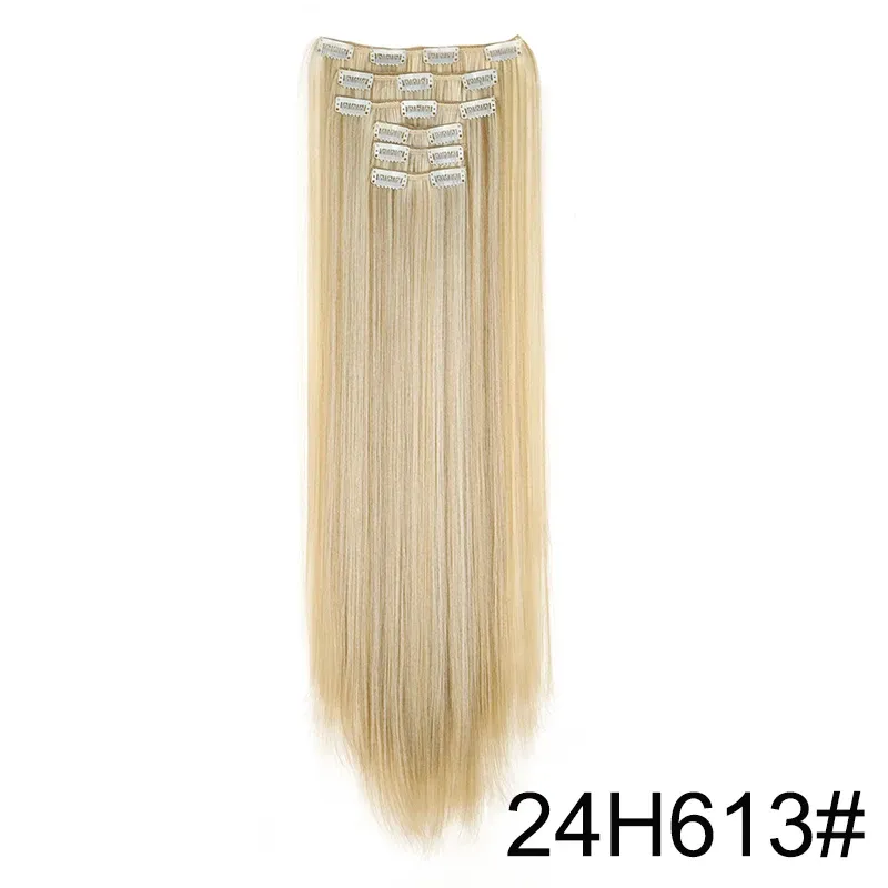 Extensions capillaires synthétiques 24 pouces, 16 clips, cheveux longs et lisses, blond et noir, résistantes à la chaleur, usage quotidien 15