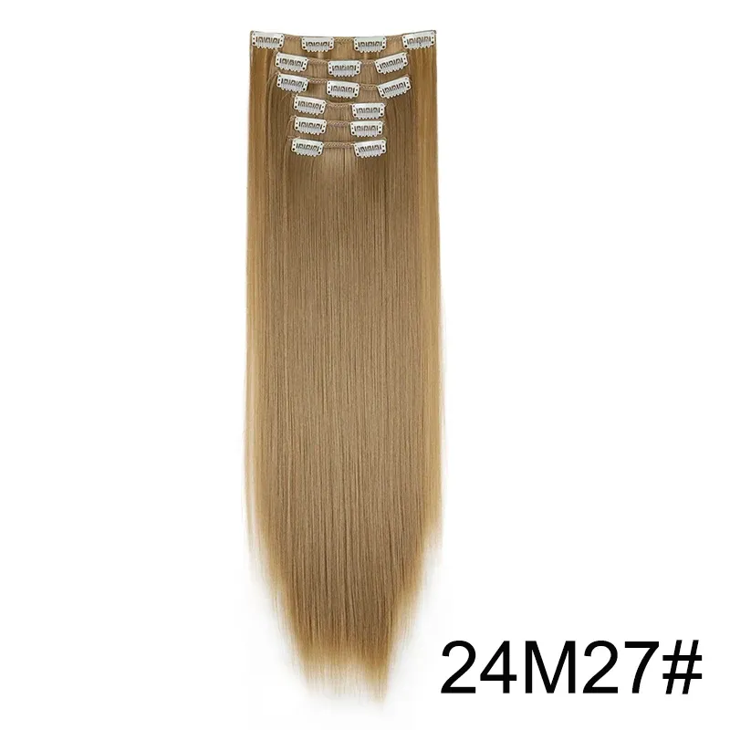 Extensions capillaires synthétiques 24 pouces, 16 clips, cheveux longs et lisses, blond et noir, résistantes à la chaleur, usage quotidien 12