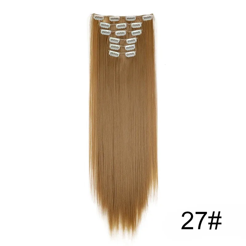 Extensions capillaires synthétiques 24 pouces, 16 clips, cheveux longs et lisses, blond et noir, résistantes à la chaleur, usage quotidien 13