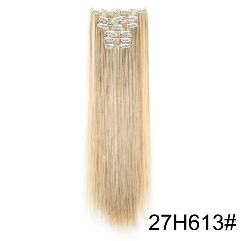 Extensions capillaires synthétiques 24 pouces, 16 clips, cheveux longs et lisses, blond et noir, résistantes à la chaleur, usage quotidien 10
