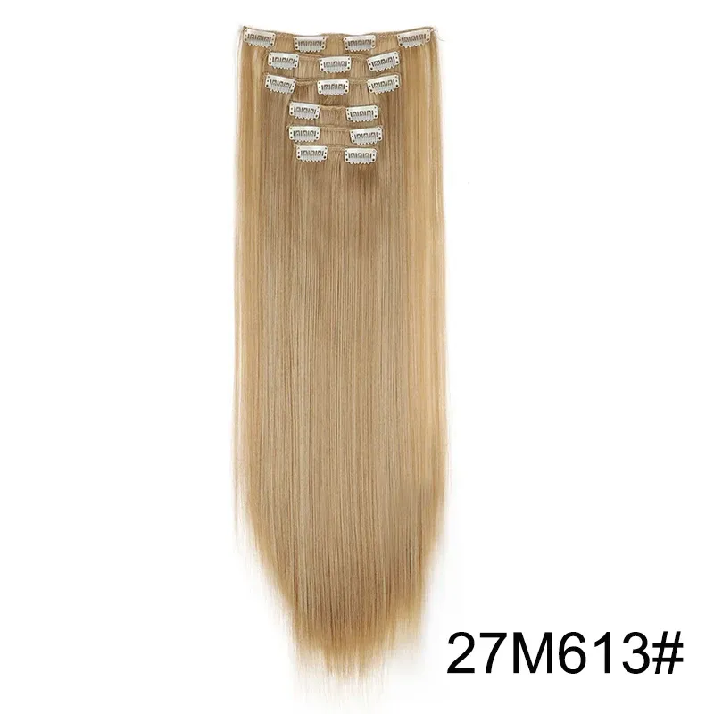 Extensions capillaires synthétiques 24 pouces, 16 clips, cheveux longs et lisses, blond et noir, résistantes à la chaleur, usage quotidien 11