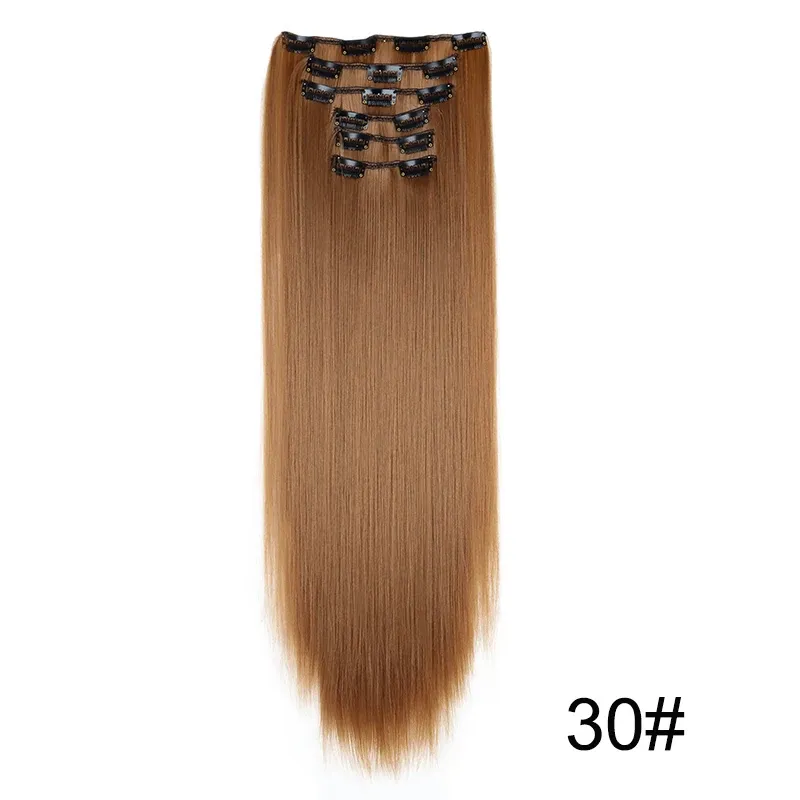 Extensions capillaires synthétiques 24 pouces, 16 clips, cheveux longs et lisses, blond et noir, résistantes à la chaleur, usage quotidien 8