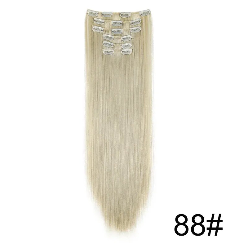 Extensions capillaires synthétiques 24 pouces, 16 clips, cheveux longs et lisses, blond et noir, résistantes à la chaleur, usage quotidien 9