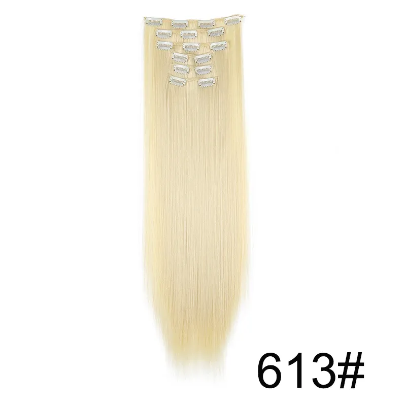 Extensions capillaires synthétiques 24 pouces, 16 clips, cheveux longs et lisses, blond et noir, résistantes à la chaleur, usage quotidien 7