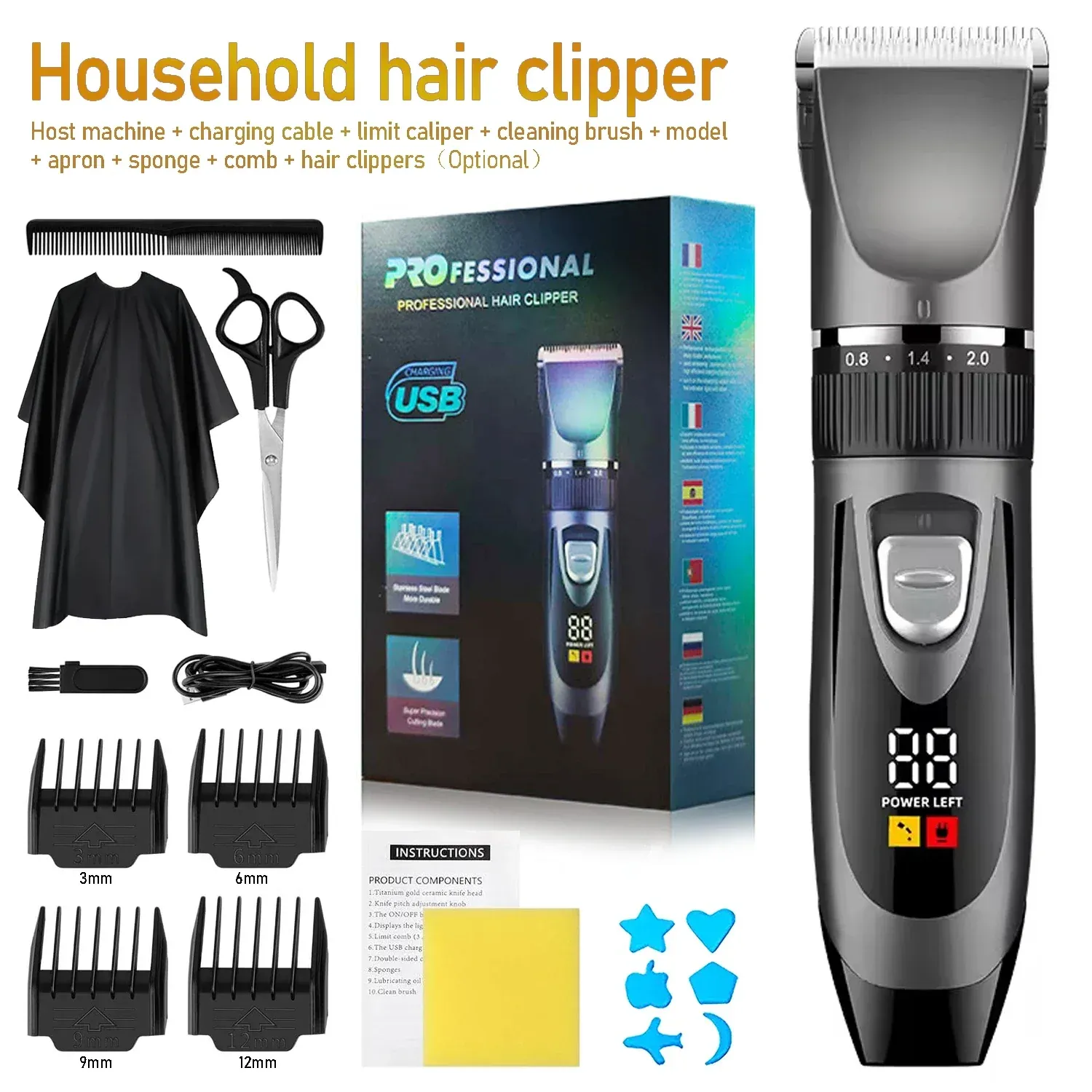 Tondeuse à cheveux électrique professionnelle avec écran numérique, lames en céramique et charge rapide USB - Image 1