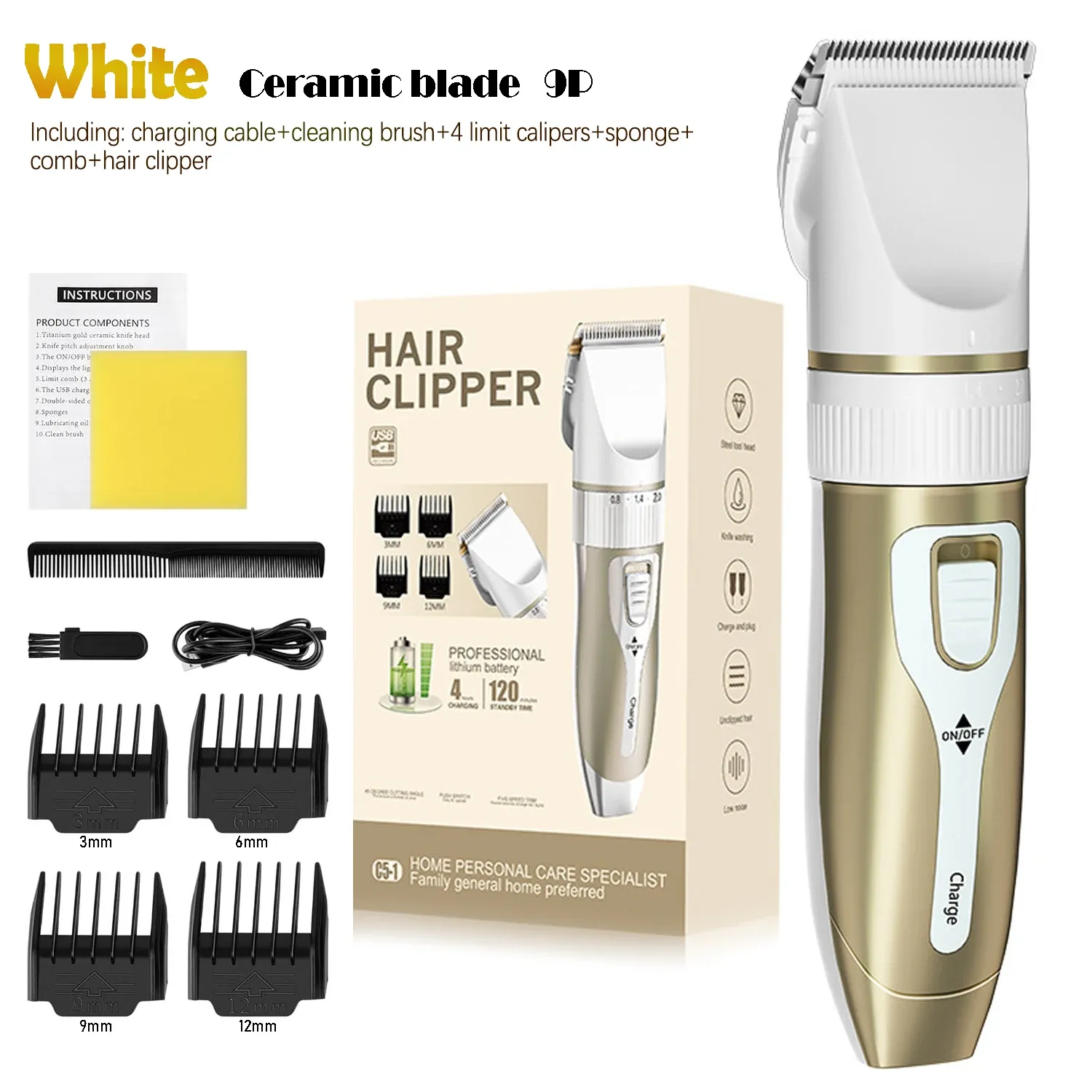 Tondeuse à cheveux électrique professionnelle avec écran numérique, lames en céramique et charge rapide USB 9