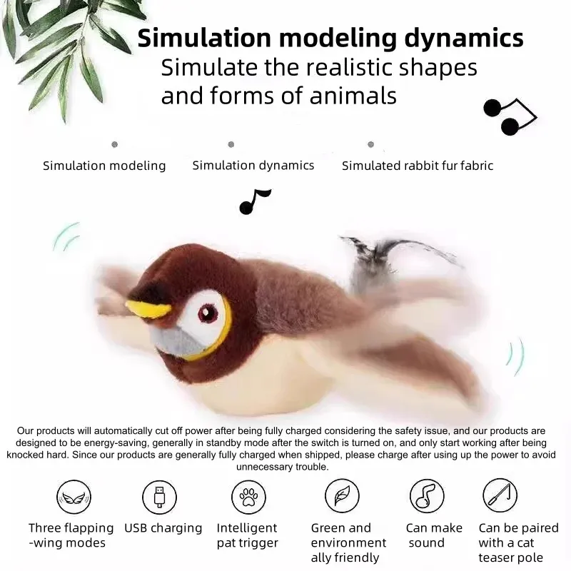 Jouet interactif rechargeable en peluche simulant un oiseau pour chat et chien, avec battements d'ailes activés au contact 2
