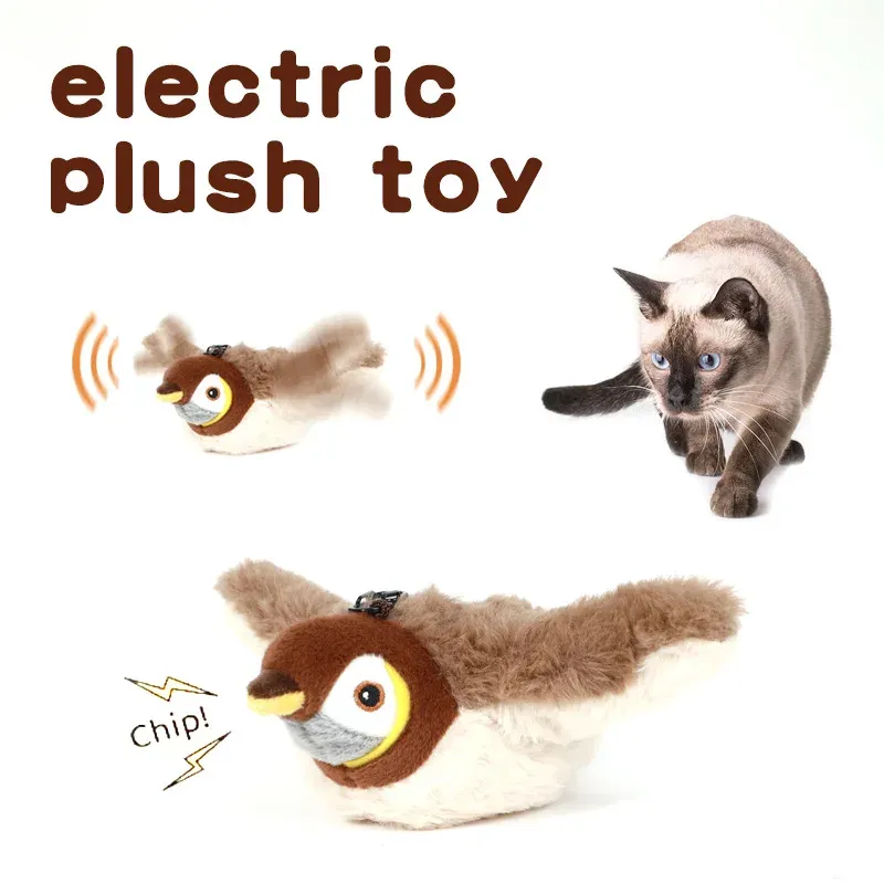 Jouet interactif rechargeable en peluche simulant un oiseau pour chat et chien, avec battements d'ailes activés au contact 6