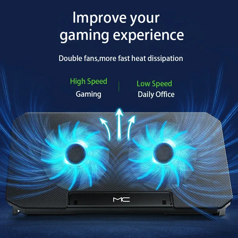 Refroidisseur pour ordinateur portable de jeu, grand format, compatible écrans de 12 à 16 pouces, 2 ventilateurs USB à vitesse réglable, fonctionnement silencieux 2