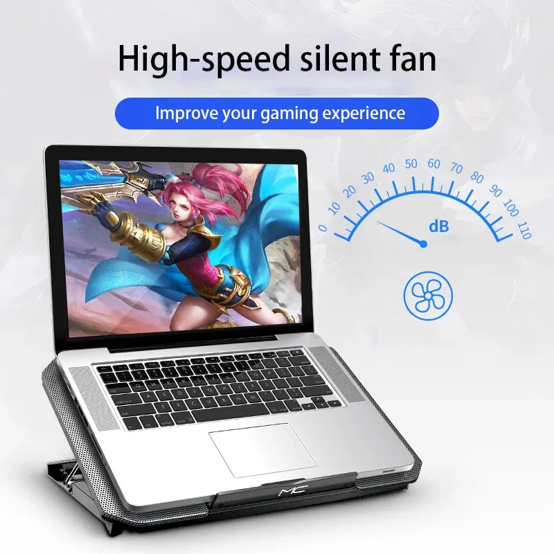 Refroidisseur pour ordinateur portable de jeu, grand format, compatible écrans de 12 à 16 pouces, 2 ventilateurs USB à vitesse réglable, fonctionnement silencieux 5