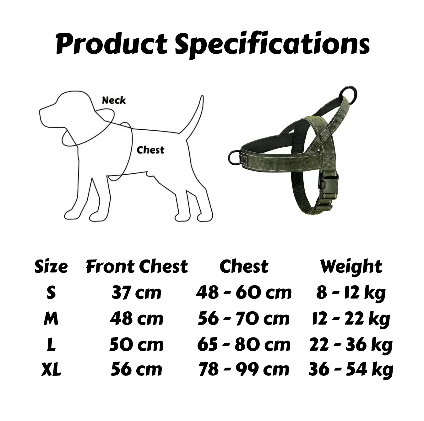 Harnais tactique anti-traction pour chien de grande race, vue d'ensemble