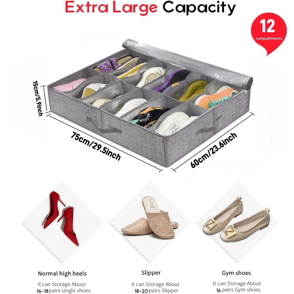 Rangement pliable pour chaussures sous le lit, capacité 12 paires, poignées renforcées 2