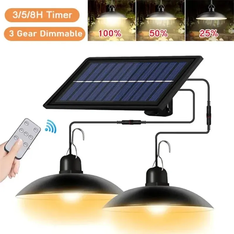 Suspension LED solaire d'extérieur étanche à double tête avec télécommande, idéale pour hangar et grange
