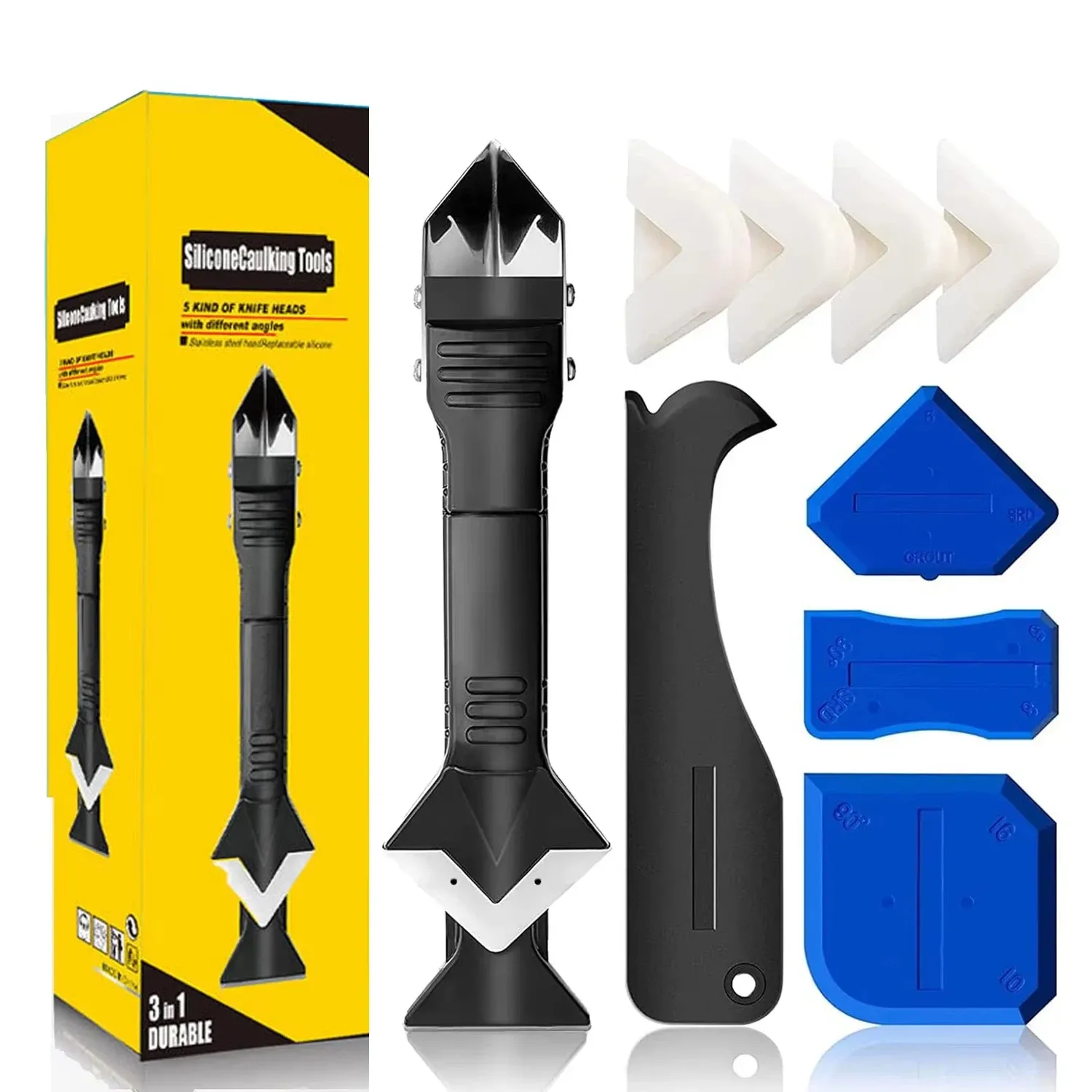 Kit d'outils de calfeutrage en silicone 9 pièces : grattoir, applicateur de buse, lisseur de mastic et accessoires pour joints