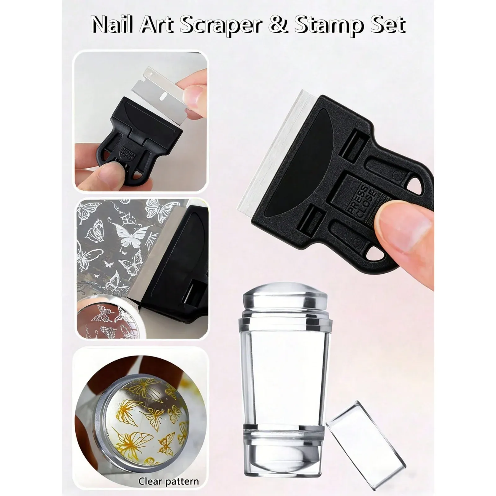 Kit d'outils de stamping et de raclage pour nail art en silicone transparent, pour l'impression de motifs DIY sur ongles