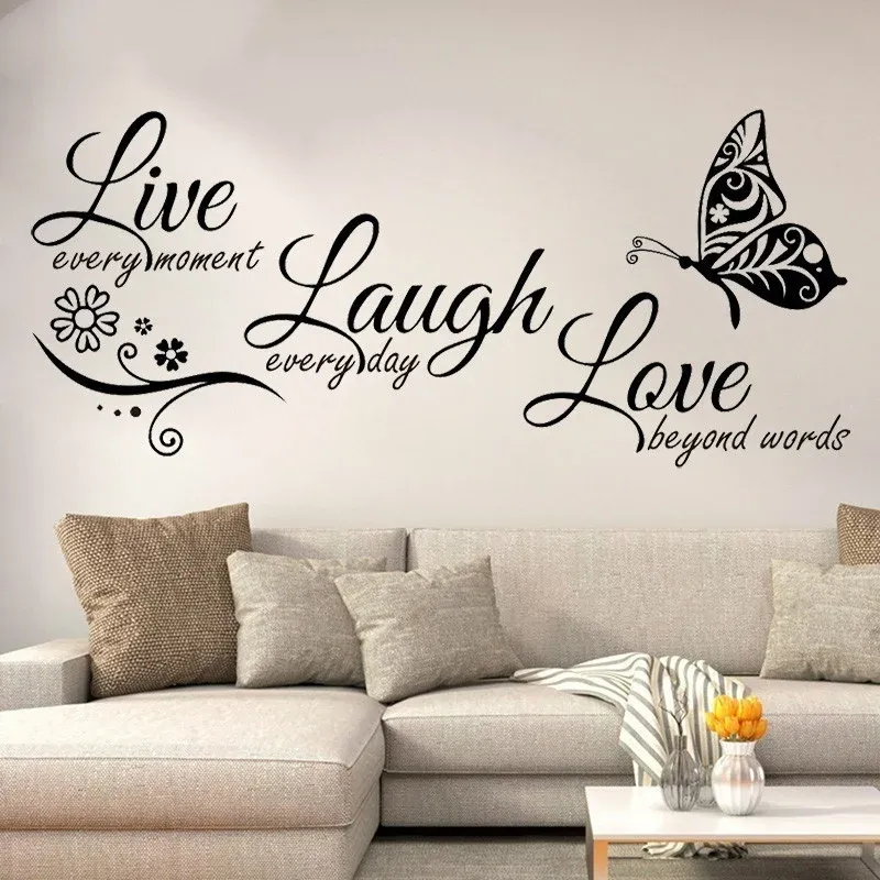 Live Laugh Love – Autocollant mural en vinyle avec fleur et papillon, décoration moderne pour salon
