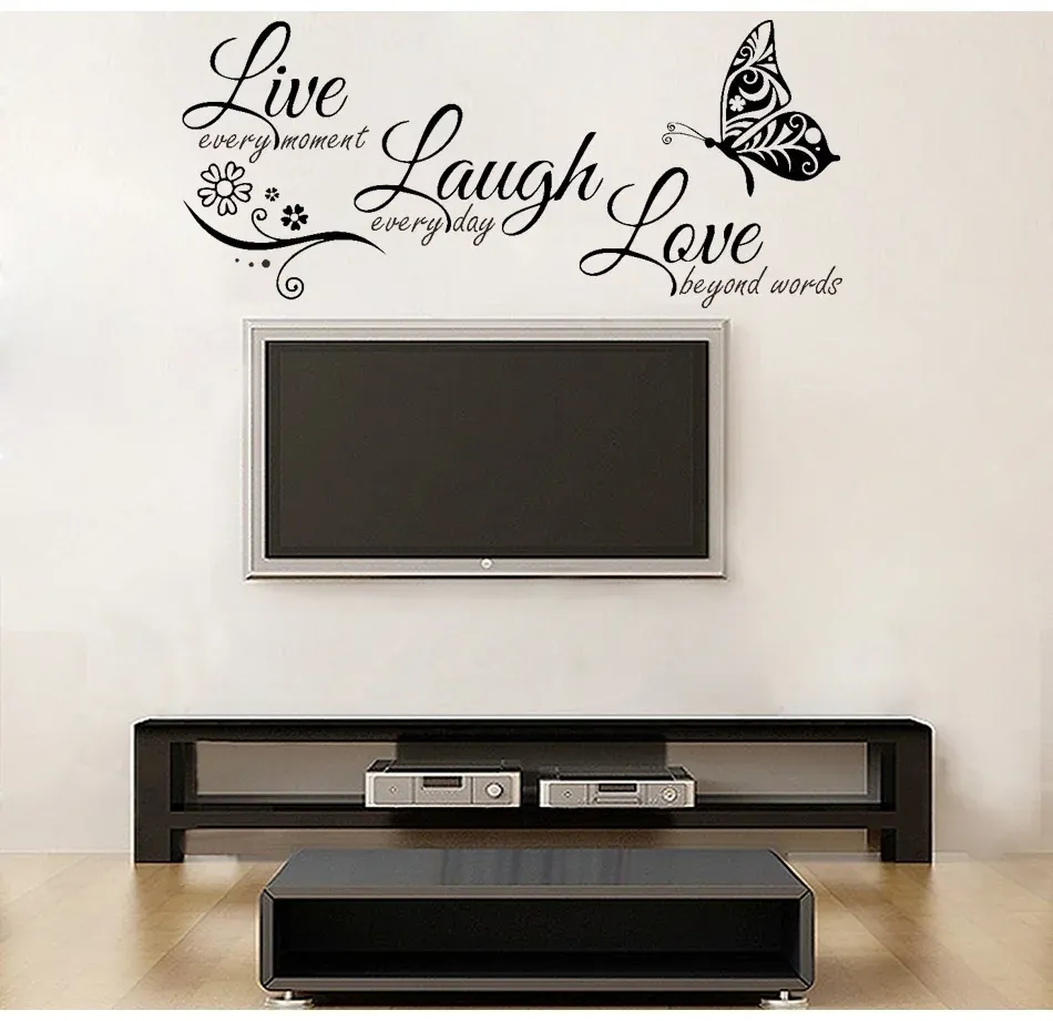 Live Laugh Love – Autocollant mural en vinyle avec fleur et papillon, décoration moderne pour salon 2