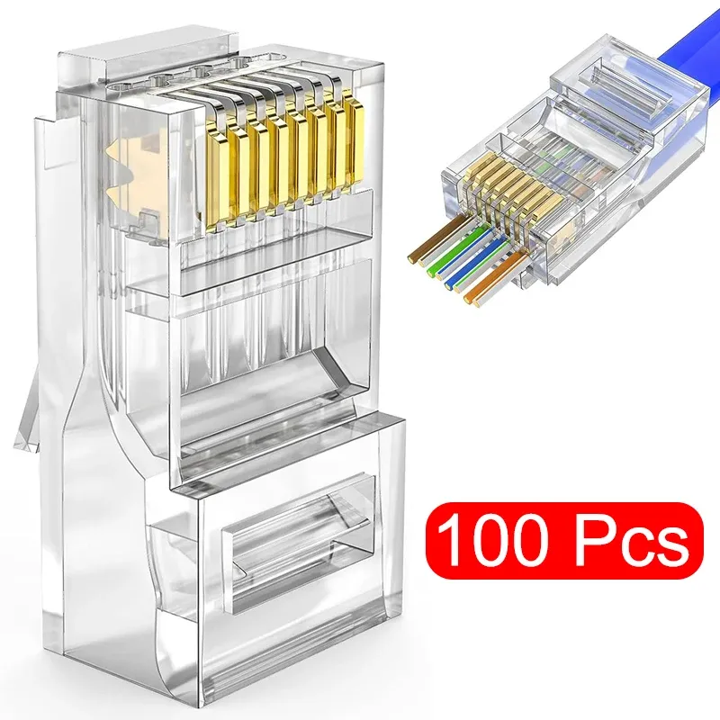 Connecteurs RJ45 pour câbles CAT6 et CAT5e, lot de 100, contacts plaqués or, sertissage 8P8C 1