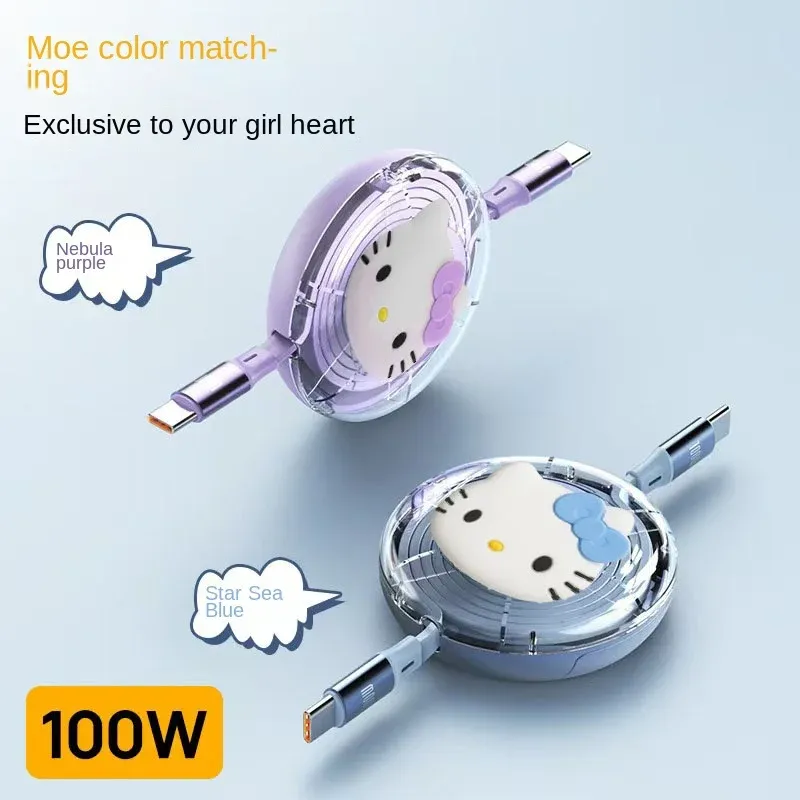 Câble rétractable Sanrio Hello Kitty PD 100 W USB-C vers USB-C à charge rapide pour iPhone 15 et Huawei