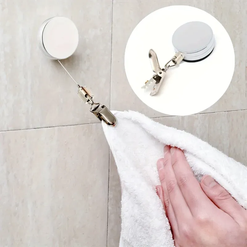Porte-serviettes rétractable à rappel automatique, avec clips robustes, pour usage domestique et hôtelier, auto-adhésif - Image 1