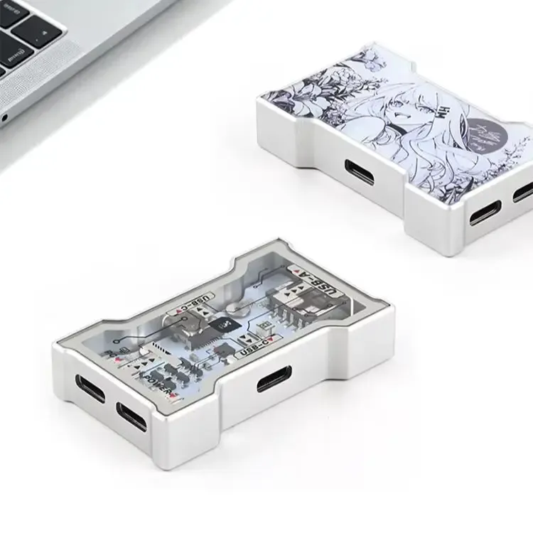 HMLAB Hub-little Gaming – Hub USB 1 entrée, 3 sorties, station d'extension portable pour ordinateur de bureau, cadre en aluminium et double coque en verre, HMHUB 3