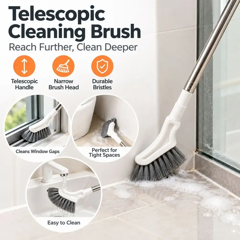 Brosse de nettoyage extensible à long manche, tête étroite pour fentes et espaces exigus, à suspendre au mur 3