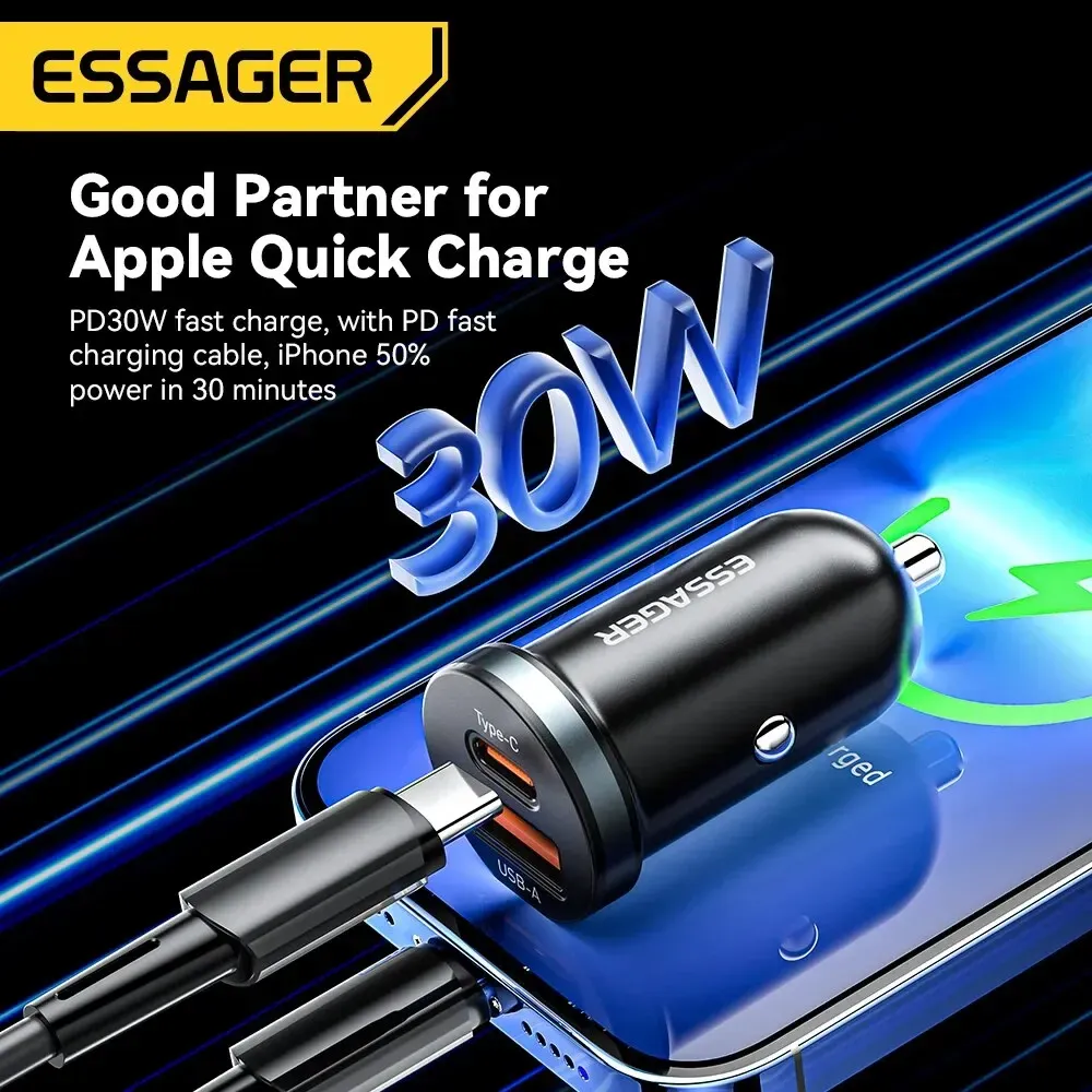 Chargeur de voiture USB Type-C Essager, charge rapide 4.0, compatible iPhone 12/13, Huawei, Samsung, Xiaomi, 30 W, 5 A, QC 4.0, PD 3.0 3