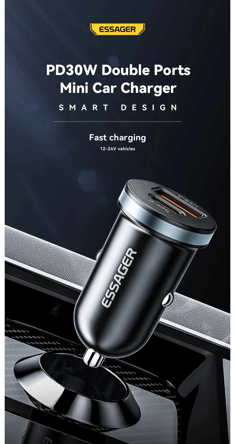 Chargeur de voiture Essager USB-C en situation