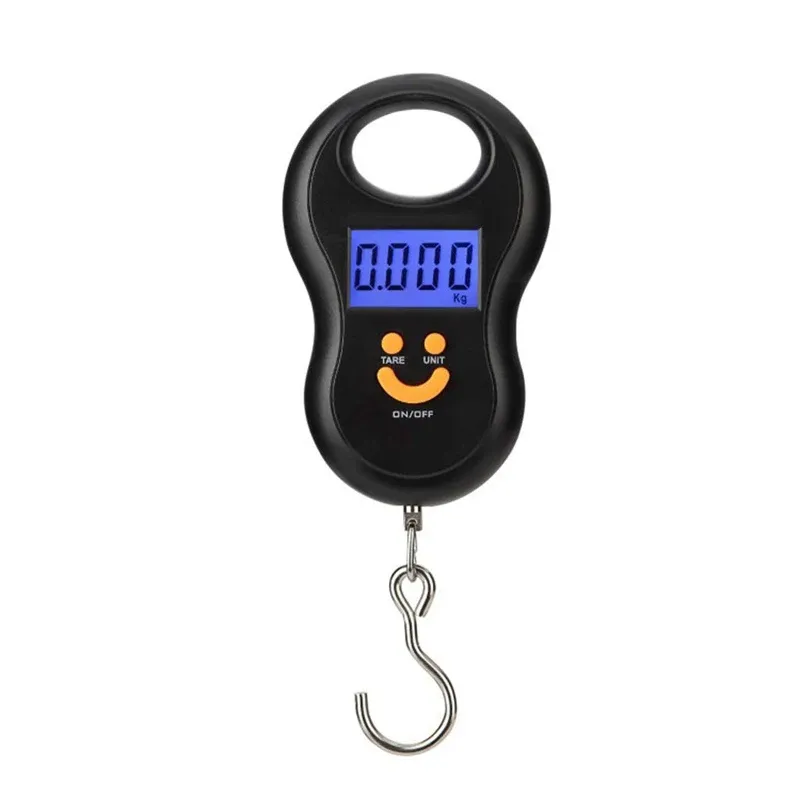 Balance électronique suspendue noire 50 kg, précision 10 g, écran LCD rétroéclairé, pèse-bagages et peson de pêche portable 6