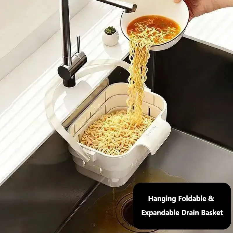 Panier égouttoir suspendu pliable et extensible pour évier, avec filtre à résidus alimentaires et fruits, égouttoir compact pour cuisine 4