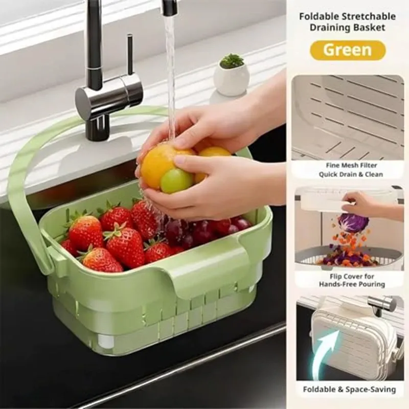 Panier égouttoir suspendu pliable et extensible pour évier, avec filtre à résidus alimentaires et fruits, égouttoir compact pour cuisine 5