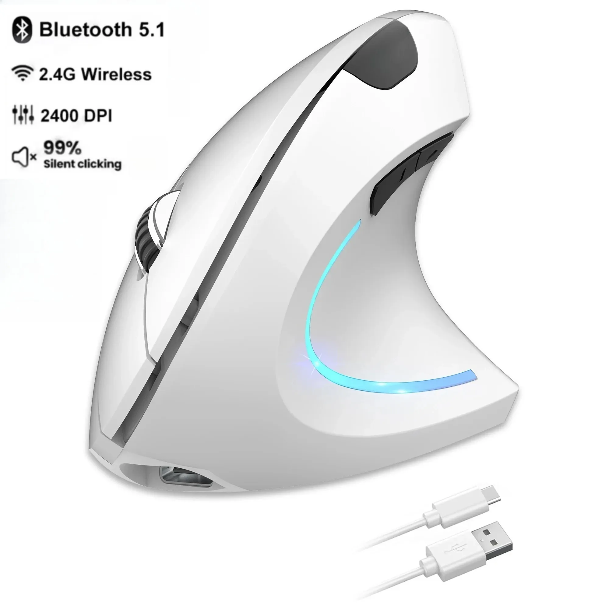 Souris de jeu ergonomique verticale sans fil rechargeable 2,4 GHz 8