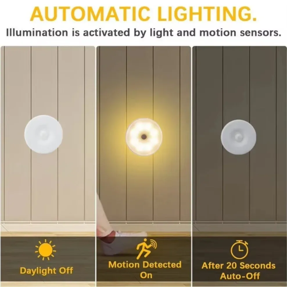 Veilleuse LED ronde à détecteur de mouvement, rechargeable par USB, pour chambre, cuisine, escalier et couloir 3