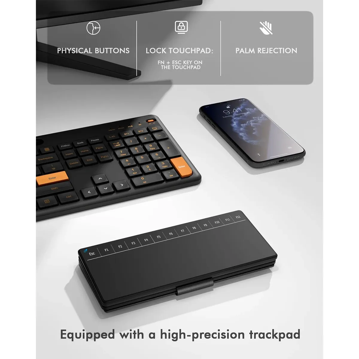Clavier de voyage Bluetooth sans fil pliable avec grand pavé tactile et support en cuir, compatible Windows et Mac OS 3