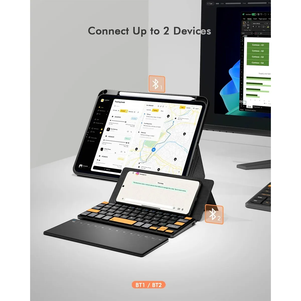 Clavier de voyage Bluetooth sans fil pliable avec grand pavé tactile et support en cuir, compatible Windows et Mac OS 2