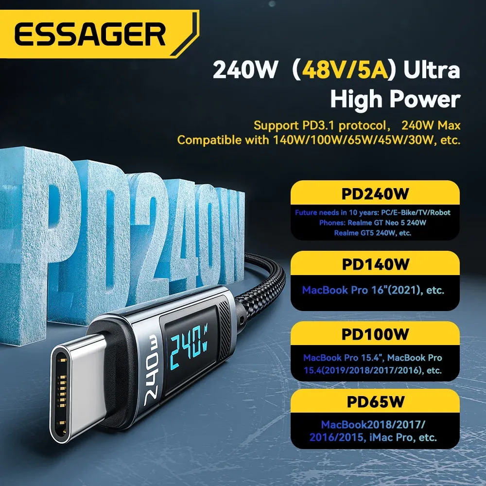 Câble USB Type-C vers USB-C 240 W Essager, PD 3.1, charge rapide 2 m, compatible MacBook Pro, Xiaomi, Samsung et ordinateurs portables 2