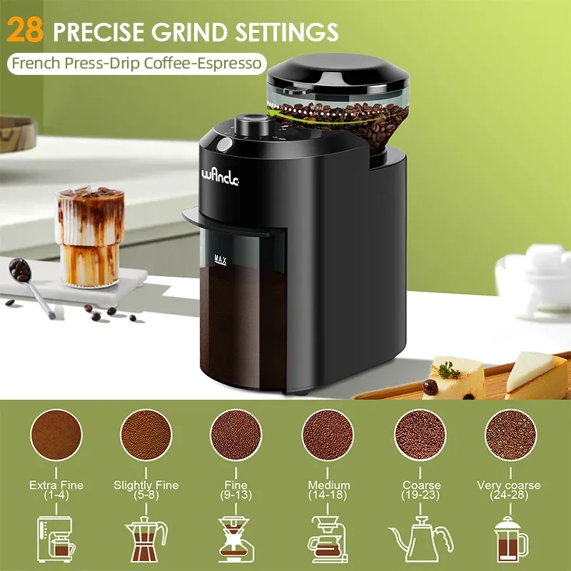 Wancle – Moulin à café électrique réglable à meule conique, 28 réglages de mouture précis, 220 V/120 V 2