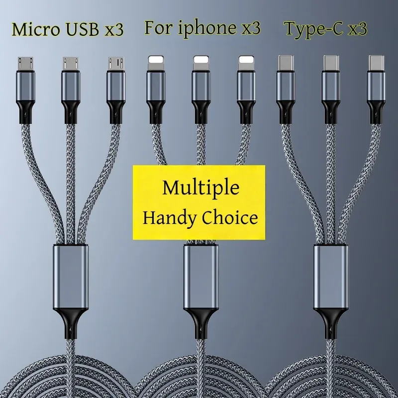 Câble de charge rapide multi-embouts, câble de charge universel 3 en 1 en nylon tressé avec adaptateur USB-C et Micro-USB