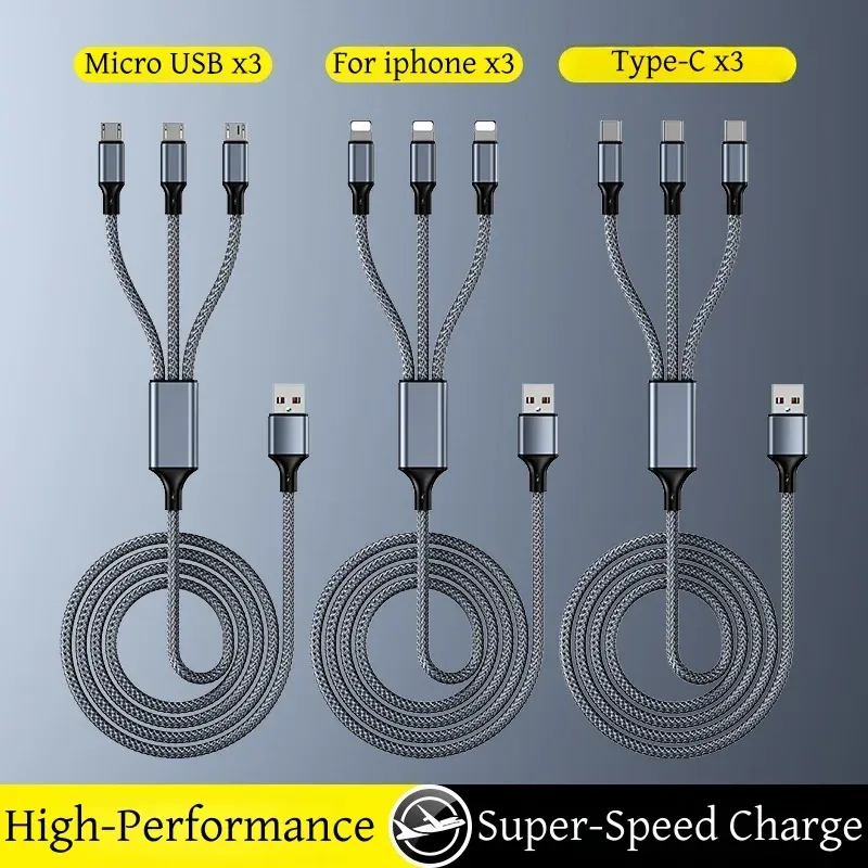 Câble de charge rapide multi-embouts, câble de charge universel 3 en 1 en nylon tressé avec adaptateur USB-C et Micro-USB 2