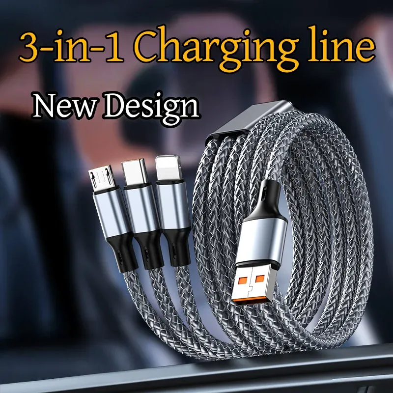 Câble de charge rapide multi-embouts, câble de charge universel 3 en 1 en nylon tressé avec adaptateur USB-C et Micro-USB 5