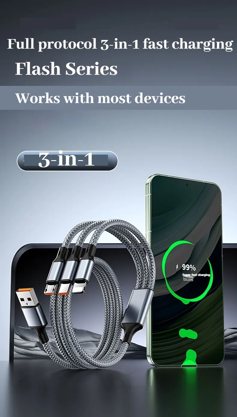 Câble de charge multi-prises en nylon tressé, vue d'ensemble