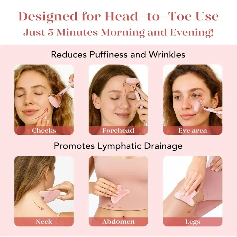 2 pièces Rouleau de massage visage et cou avec pierre de Gua Sha, kit de massage des yeux et du visage à froid, outil portable de levage et de contour du visage 3