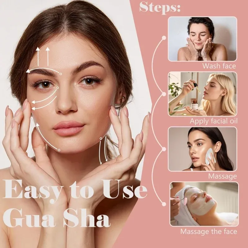2 pièces Rouleau de massage visage et cou avec pierre de Gua Sha, kit de massage des yeux et du visage à froid, outil portable de levage et de contour du visage 5